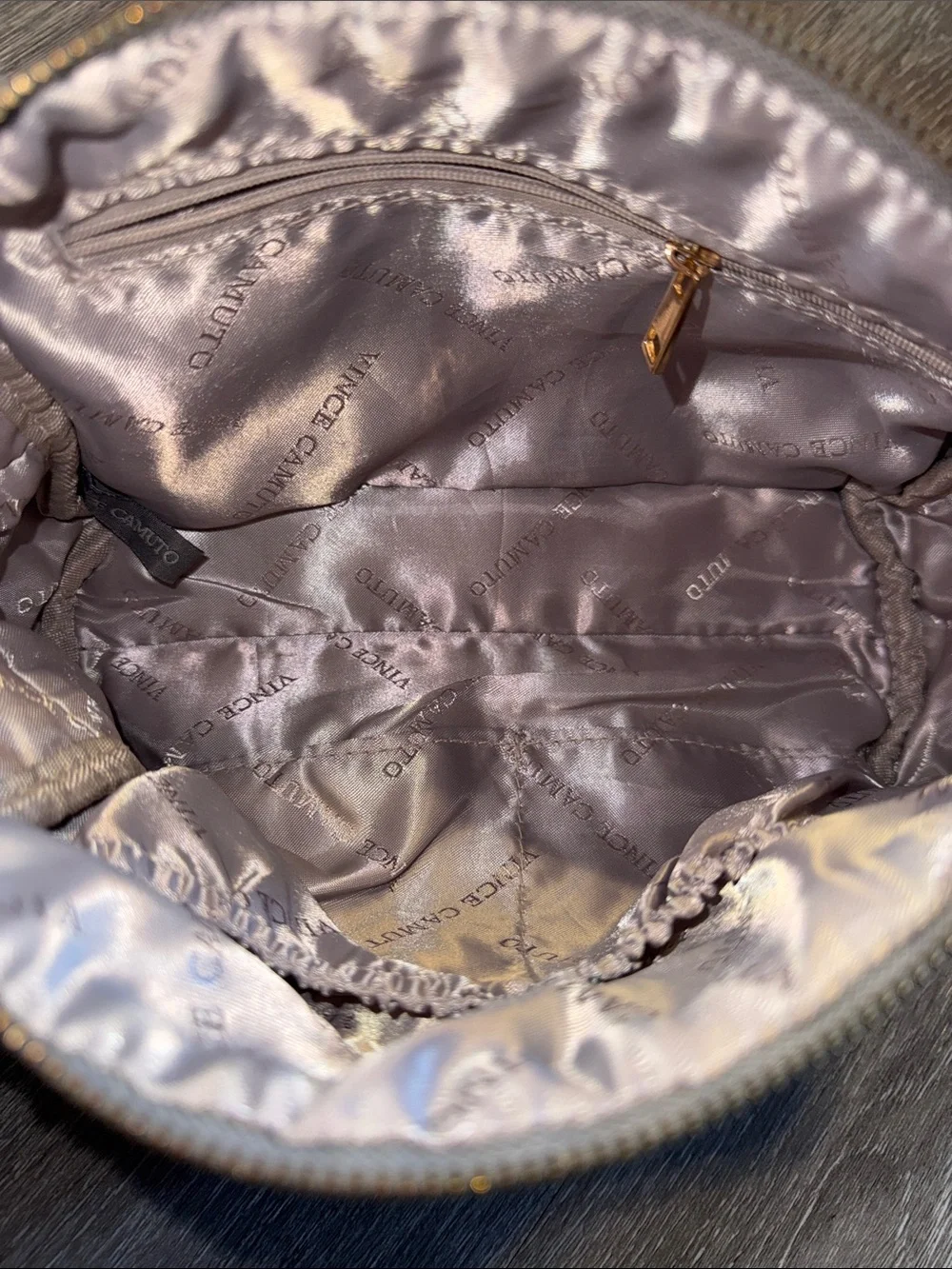 Vince Camuto Silver-Gray Quilted Ripple Cosmetic Bag zipper call out